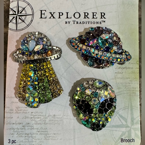 Explorer By Traditions 3 Alien Rhinestone Brooches Flying Saucer Alien Head More - Picture 1 of 1